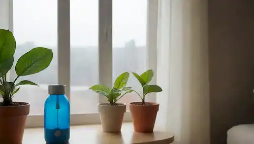2 personas sudando en un día caluroso de verano, una ventana con cortinas abiertas, un ventilador soplando aire, una botella de agua en el fondo, una persona que sostiene un dispositivo humidificador, un espacio interior cálido y seco, una planta marchitando de la falta de humedad, un vaso de agua fría con hielo