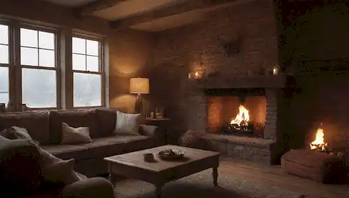 Una habitación acogedora con una chimenea de agrietamiento, luz cálida brillando sobre una chimenea de ladrillo, vigas de madera arriba, decoraciones rústicas cercanas, y unos cuantos cojines de lujo en frente