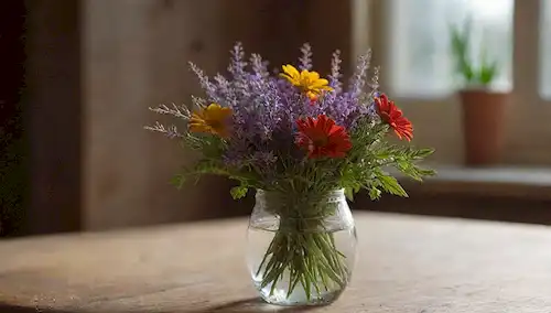 Un ramo de hierbas coloridas en una mesa de madera rústica, con unas gotas de rocío sobre las hojas, rodeado de una luz suave y cálida, con una sombra sutil en el fondo, evocando un sentido de curación natural, y un pequeño y delicado jarrón que sostiene una sola flor que florece del ramo