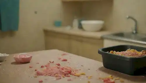 Un producto alimenticio malcriado con un color y textura inusuales, un consumidor en expresión repugnante, un desordenado fondo de cocina con papeleras, utensilios y vidrio roto, una comida parcialmente comeda en la mesa, un sumidero sucio con burbujas de jabón, un envase de comida rota con agujeros