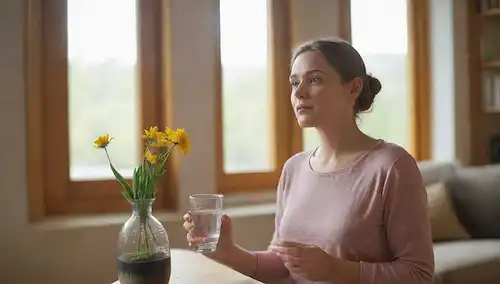 Una mujer disfrutando de un vaso de agua con filtro, en una acogedora sala de estar, luz natural fluyendo a través de una ventana, con un jarrón de flores frescas y una estantería en el fondo, transmitiendo un sentido de calma y serenidad, quizás sosteniendo una pequeña planta o fruta para representar salud y bienestar