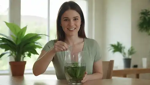 Una jarra con filtro incorporado, una bebida refrescante en un vaso cercano, una persona feliz sosteniendo el lanzador, vegetación o plantas alrededor, luz natural suave, ambiente cálido y acogedor