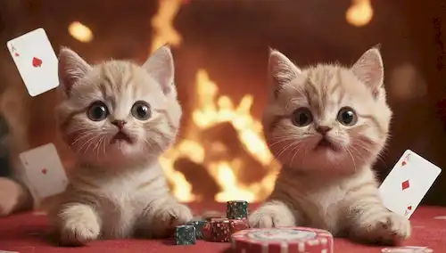 2 gatitos de dibujos animados, explosiones en fondo, colores brillantes, expresiones tontas, cartas de juego y dados, una ruleta, caos juguetón, ilustraciones caprichosas, diversión y humor