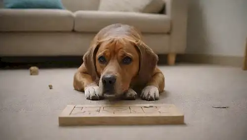 Un perro comprometido en un juguete de rompecabezas, una pelota con un laberinto, un frasco de regalo, una configuración de juego de escondite y de búsqueda, una tabla de memoria, un curso de obstáculo que resuelve problemas, y una caja de teaser cerebral