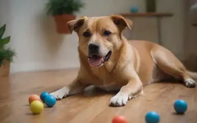 Un perro juguetón rodeado de juguetes de rompecabezas