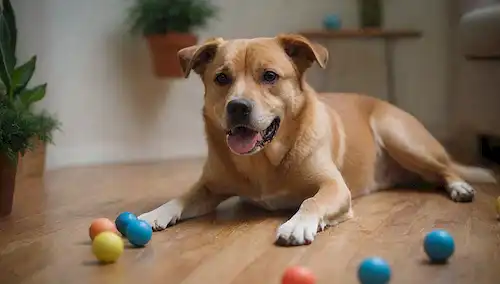 Un perro juguetón rodeado de juguetes de rompecabezas