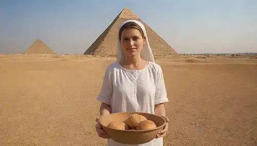 Campos de trigo dorado bajo cielo azul, pirámides egipcias a distancia, mujer que sostiene tradicional olla de arcilla con pan Kamut, fruta fresca y hierbas que la rodean, cálida iluminación natural