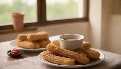 Un plato con churros y cruasán dispuestos lado a lado