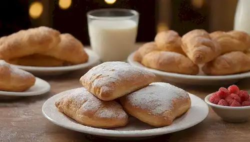 Pastas de masa frita de color dorado con azúcar en polvo en la parte superior, rodeadas de fruta fresca, un vaso de leche fría, y un plato con unos pocos croissants tostados en el fondo, con una iluminación cálida y acogedor
