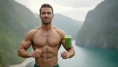 Hombre vegano de cuerpo fuerte flexionando con un fondo natural tranquilo