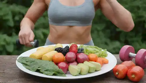 Una persona que sostiene un plato de frutas y verduras coloridas, con un fondo de hojas verdes exuberantes, junto a una pila de muñecos elevadores de peso y algunas cápsulas de creatina dispersas, transportando una mezcla de comida saludable, fitness y suplementación
