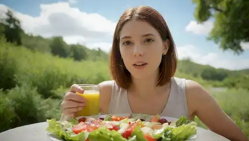 una persona disfrutando de una ensalada verde con varias frutas, un tazón de verduras frescas, y un vaso de jugo hecho de fruta entera, puesto en contra de un cielo azul brillante con nubes blancas y frondosas, rodeado de plantas y árboles verdes exuberantes, transmitiendo un sentido de serenidad y bienestar