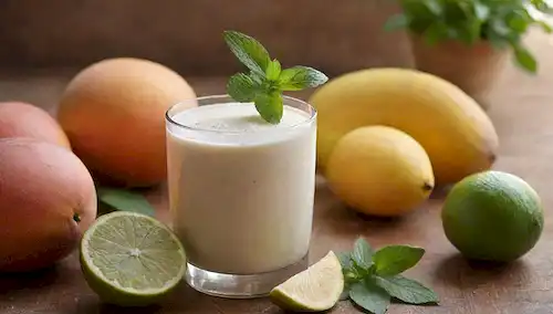 Una cálida escena del día de verano con un refrescante cristal de horchata cremosa rodeada de fruta jugosa como mangos y limosnas