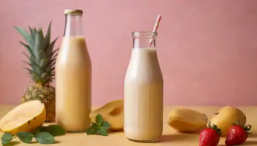 Horchata recién exprimido en una botella de vidrio, rodeada de vibrantes frutas de verano como fresas, mangos y piñas, con unas cuantas hojas de menta frescas, enmarcadas en un fondo amarillo cálido y soleado, con una textura sutil que se asemeja al arte pintado a mano