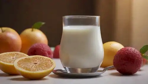 Un vaso de leche con un efecto gradiente sutil, una iluminación cálida, un dollop de espuma en la parte superior, una cuchara cerca, rodeada de frutas frescas y flores, que transmiten una sensación de naturalidad, solidez y indulgencia