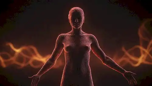 ilustración 3D, fondo oscuro, olas de calor, silueta humana abstracta, ropa con patrones intrincados, gradas de color sutil, e insinuaciones de luz