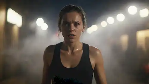 Una persona en un traje de color oscuro sudando profusamente bajo luces brillantes, con vapor que se eleva de su cuerpo, rodeado de termómetros y olas de calor, en medio de un fondo borroso de calles de la ciudad o un entorno urbano