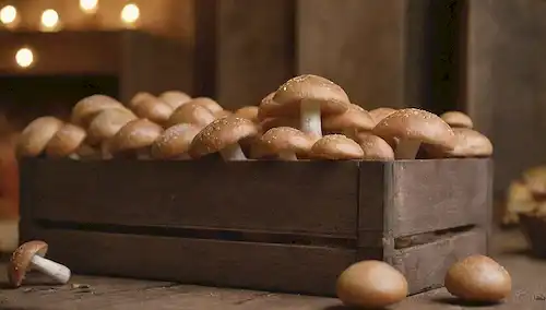 un fondo de tono rústico, tierra, hongos con manchas blancas o rayas, hojas de otoño, cajas de madera o canastas, foco suave, iluminación cálida, texturas naturales, formas orgánicas