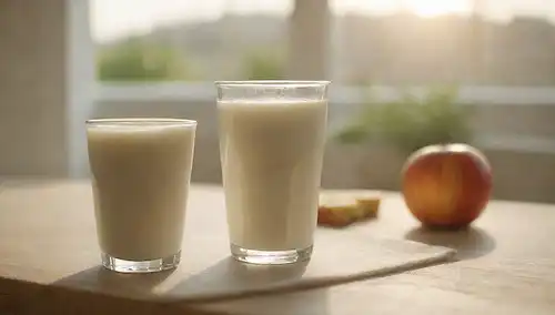 Un vaso de leche con una rodaja de fruta en el lado, una taza de yogur en el fondo, y un recipiente alternativo sin lácteos en la mesa, con un toque sutil de luz de la mañana
