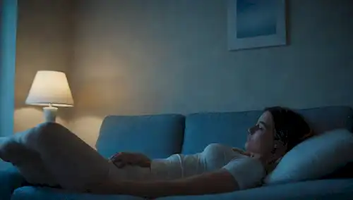 Una escena de color azul calmante con una persona reclinada en un sofá, rodeada de almohadas suaves y un ambiente tranquilo, con una lámpara que emite un suave brillo azul en la esquina, transportando relajación y tranquilidad