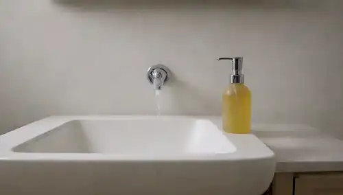 un fregadero con agua corriente, un dispensador de jabón con una opción de jabón líquido, y un contenedor separado con una opción de jabón en polvo, todo cerca, contra un fondo blanco limpio