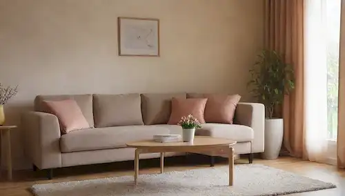 Un acogedor salón con lavadora y secadora lado a lado, iluminación suave, un cómodo sofá, un jarrón con flores en la mesa, una paleta de colores cálidos