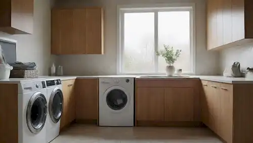 Un moderno cuarto de lavandería con un elegante y blanco lavadora y secadora, rodeado de armarios de madera, luz natural suave que se derrama desde grandes ventanales, y unas pocas ropas limpias colgando en un estante en el fondo, con un toque de vapor que sube de la lavadora