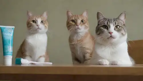 2 gatos sentados sobre una mesa, uno que sostiene un cepillo de dientes y tubo de pasta de dientes, otro gato observando desde atrás con expresión curiosa, productos de higiene dental en el fondo, brillante y limpio entorno