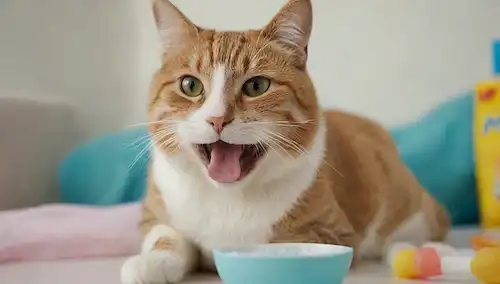 Un disparo de cerca de una boca de gatos feliz con un cepillo de dientes en él, un tazón de pasta de dientes mascota en el lado, un veterinario sonriente en el fondo, con un ajuste de estudio brillante y colorido, con juguetes suaves y cojines cómodos