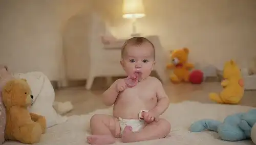 bebé de 3 a 4 meses sentado con un chupete, rodeado de juguetes suaves y mantas en un ambiente acogedor, un tazón de leche o fórmula en el suelo, iluminación suave y un ambiente cálido
