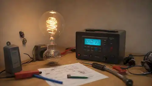 Representación 3D, medidor de energía, bombilla, válvula de gas, circuito, cableado, desorden enredado, chispas volando, símbolos de error, señales de precaución, rompecabezas de solución de problemas, caja de herramientas, destornilladores, alicates, multimetro, luces LED, indicadores de parpadeo, reloj despertador, temporizador de cuenta atrás