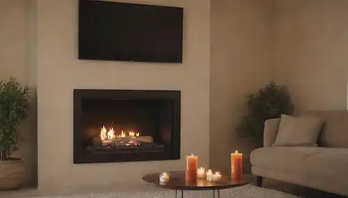 Un luminoso y moderno salón con una chimenea de gas brillante