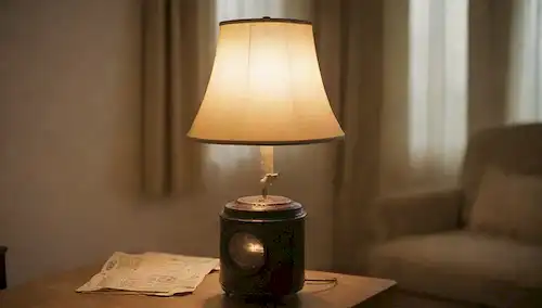 Una cálida y acogedora escena de salón con una lámpara de mesa ligeramente iluminada, un resplandor suave que emana de una estufa de gas, y unas cortinas brillantes que filtran a la luz del sol, transmitiendo un sentido de coziness y comodidad, con sutiles toques de consumo de energía en el fondo, como un medidor de electricidad o un medidor de gas