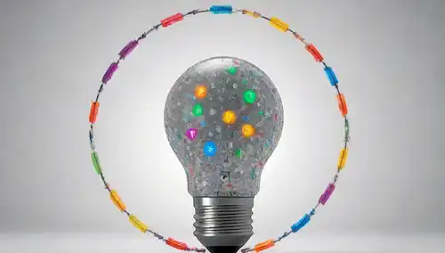 Bombilla LED con varios iconos, colores y marcas, como flechas, triángulos, círculos y hexágonos, en un patrón circular, en un fondo blanco o transparente, posiblemente con diferentes secciones o zonas