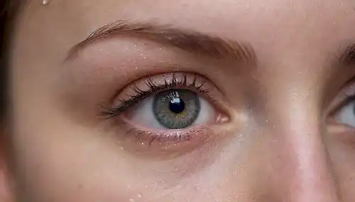 Ojos, curvas suaves, foco suave, gotas de agua, fondo borroso, brillo sutil, atmósfera tranquila, colores neutros