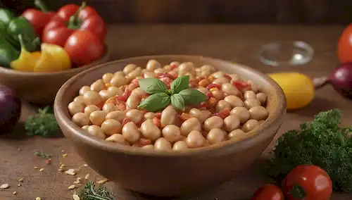 Tazón lleno de frijoles de color dorado, rodeado de verduras coloridas, iluminación cálida, fondo rústico de madera, toque de hierbas y especias, invitando composición