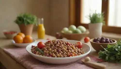 un plato con legumbres secas, un tazón con verduras frescas, una cuchara y tenedor sobre la mesa, un chef o cocinero casero preparando una comida, un fondo caliente, un entorno de cocina rústica, una canasta de frutas de temporada, un vaso de agua, un paño colorido, una luz natural