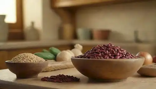 Escena de cocina rústica, mesa de madera vintage, cuenco de cerámica llena de legumbres secas surtidas, canasta artesanal en el fondo, enfoque suave en el primer plano para enfatizar la textura y el color