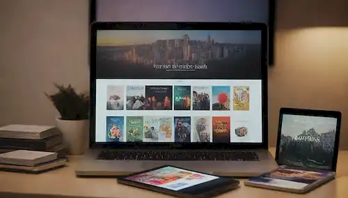 5 plataformas de libros electrónicos con dispositivos, portátiles y tabletas dispuestas en un collage, varias cubiertas de libros exhibidas prominentemente, enfoque suave, iluminación cálida, color sutil gradiente, fondo calmante