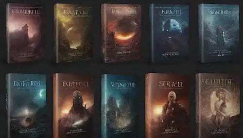 5 cubiertas de libros electrónicos con diferentes fondos, colores y texturas; cada cubierta tiene un elemento de diseño único, como ilustraciones, iconos o patrones sutiles; algunas cubiertas tienen un aspecto futurista, mientras que otras aparecen más clásicas
