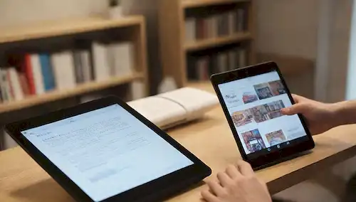 5 ordenadores portátiles abiertos con cubiertas de libros digitales, libros apilados en un estante, un e-reader acostado, una tableta que muestra una aplicación de librería, una mano que sostiene un teléfono inteligente con una aplicación de lectura en pantalla, un fondo borroso de una acogedora oficina en casa