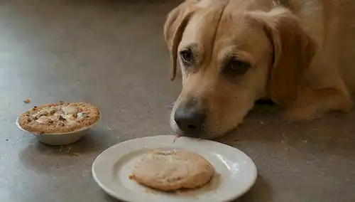 Un disparo de cerca de una cara curiosa de perros mirando un plato de comida