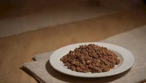 Un plato con una sustancia marrón de granola, rodeada de unas cuantas piezas de kibble de perros dispersas, en un mantel de madera desgastado, debajo de una sala iluminada, con una sombra débil de una mano que llega al fondo