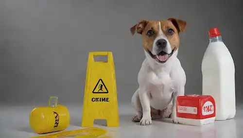 ilustración 3D, perro de dibujos animados, botella de leche, productos lácteos, sin fermentar, señales de advertencia, cinta advertencia, símbolos de desechos tóxicos, banderas rojas, iconos de campana de alarma, un símbolo no, una imagen de un perro con diarrea