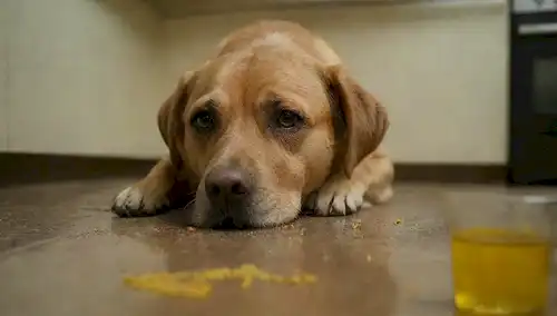 Un perro acostado en un piso de cocina, rodeado de aceite derramado y comida, con una expresión preocupada; una placa rota cerca con migajas y chatarras dispersas alrededor; una botella de aceite o grasa de cocina en el fondo con su tapa; un toque de un ambiente de cocina desordenada