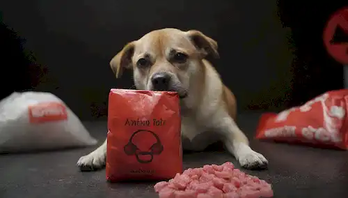 Una bolsa de dulces industriales con un símbolo tóxico, un perro de aspecto triste en el fondo, un signo de advertencia rojo brillante, un disparo de cristales xillitol, un montón de alimentos venenosos para perros, y una sombra oscura que se avecina sobre la escena