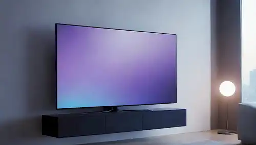 La luz suave y difundida emana de una pantalla de TV minimalista y futurista, con suaves tonalidades de azul y púrpura que la rodean, arrojando un resplandor cálido en las superficies adyacentes, creando un ambiente inmersivo