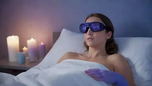 Un terapeuta profesional con guantes y gafas, sosteniendo un dispositivo de terapia infrarroja de alta tecnología con un paciente acostado en una cama cómoda, rodeado de velas relajantes y colores relajantes como azul y púrpura, con un brillo sutil que emana del dispositivo