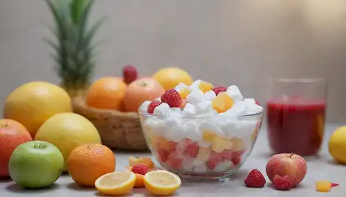 Una tabla con un recipiente de vidrio que contiene cristales blancos, rodeado de frutas y caramelos, con un fondo borroso para representar productos alimenticios, una escala en la esquina superior izquierda, una cuchara de medición en el lado derecho, y una cesta de dulces coloridos abajo
