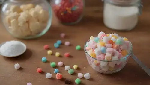 Cristales blancos dulces en un recipiente de vidrio, con una cuchara y una taza de medición cerca, rodeado de dulces y pasteles coloridos en una mesa de madera, enfoque suave para enfatizar texturas y colores
